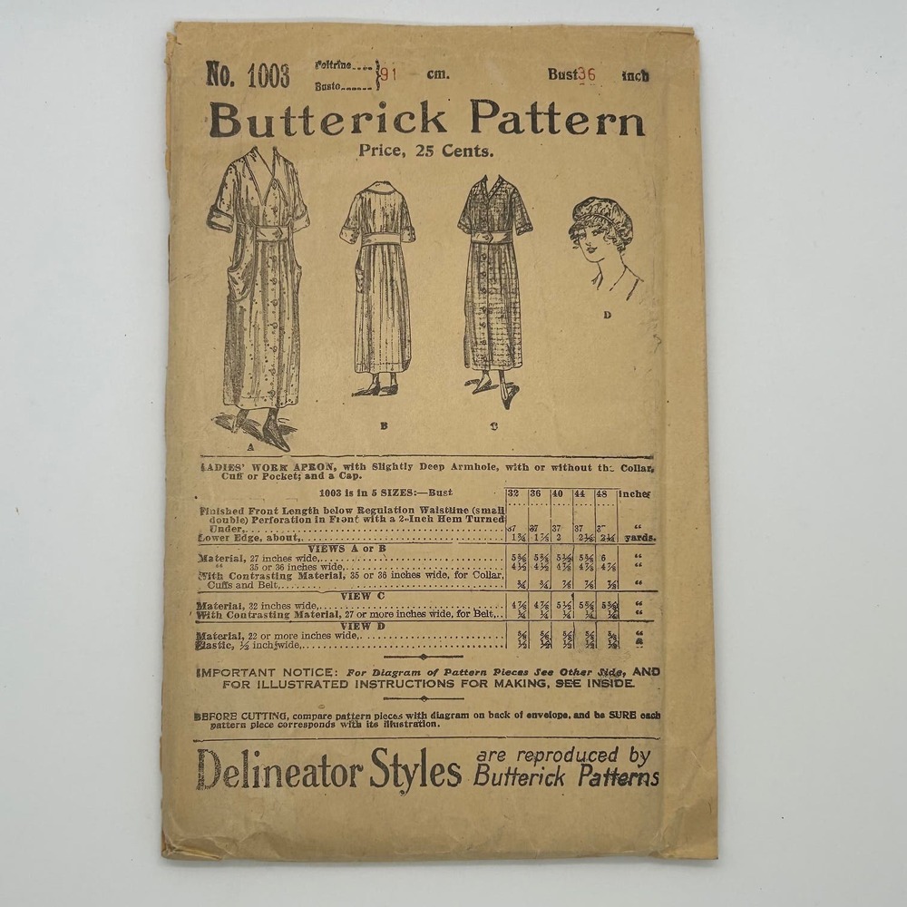 Butterick‎ Delineator Antique Early 1900's Pattern #1003 House Dress Bust 36